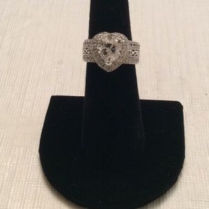 925 Silver Clear CZ Double Halo Heart Ring- Size 6